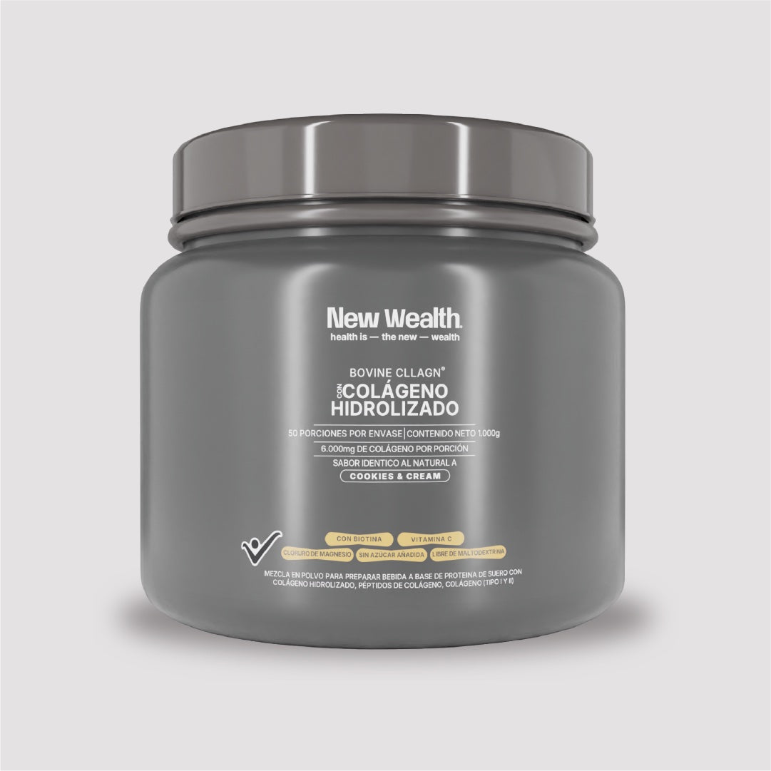 Colágeno hidrolizado bovino — Cookies & Cream — mockup | New Wealth