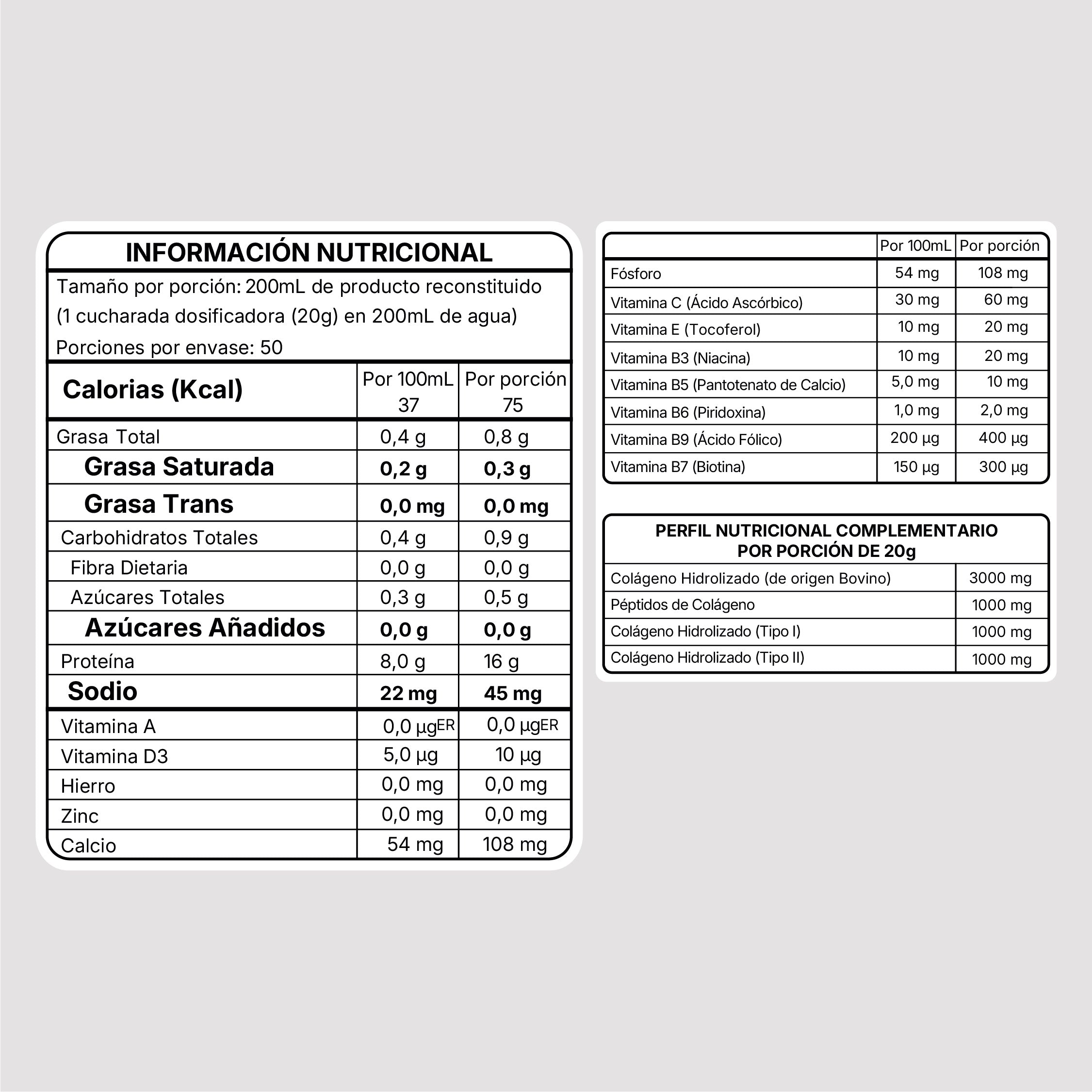 Colágeno hidrolizado bovino — Cookies & Cream — tabla nutricional | New Wealth
